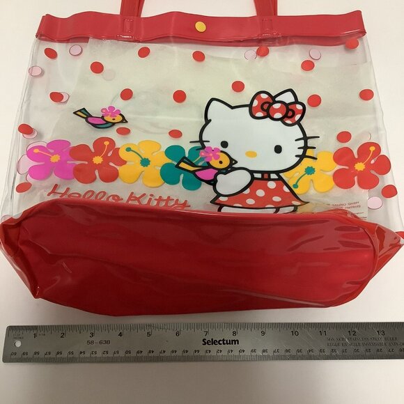 Vintage 1995 Hello Kitty Clear Plastic Tote Bag Red Dots Tropical Flowers Birds - Picture 13 of 16